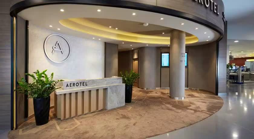 A curved hotel reception desk with wooden slats and plants on either side.