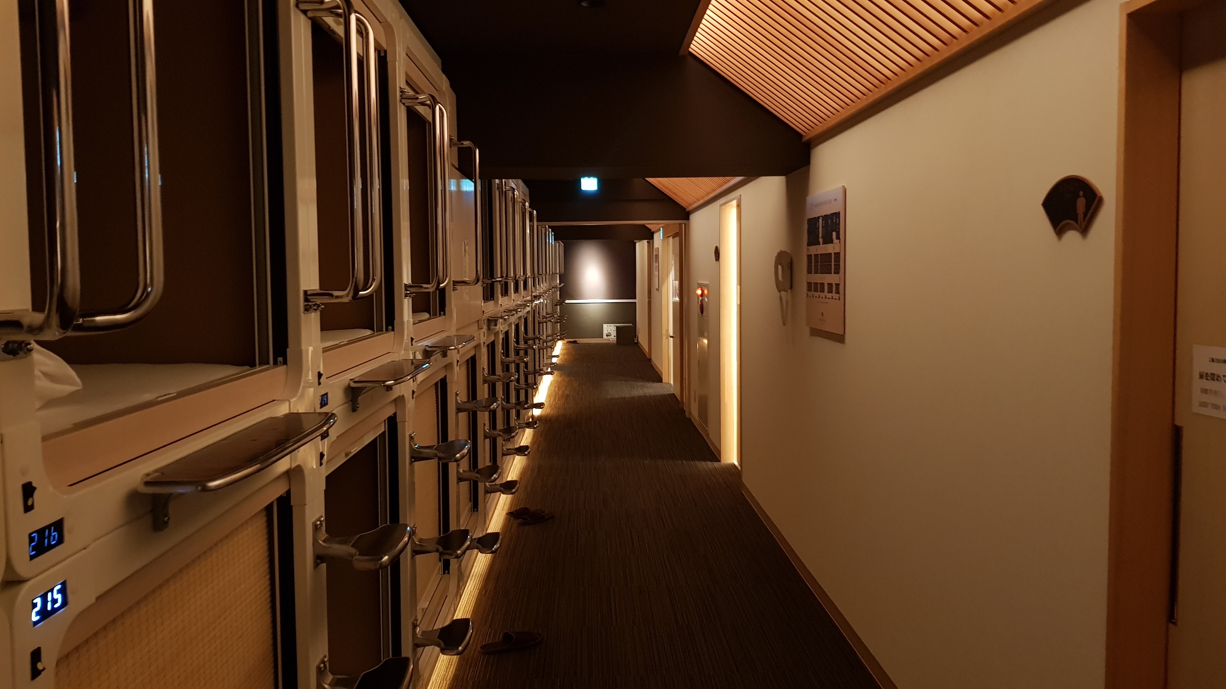A corridor lined with stacked sleeping capsules, each opening softly lit.